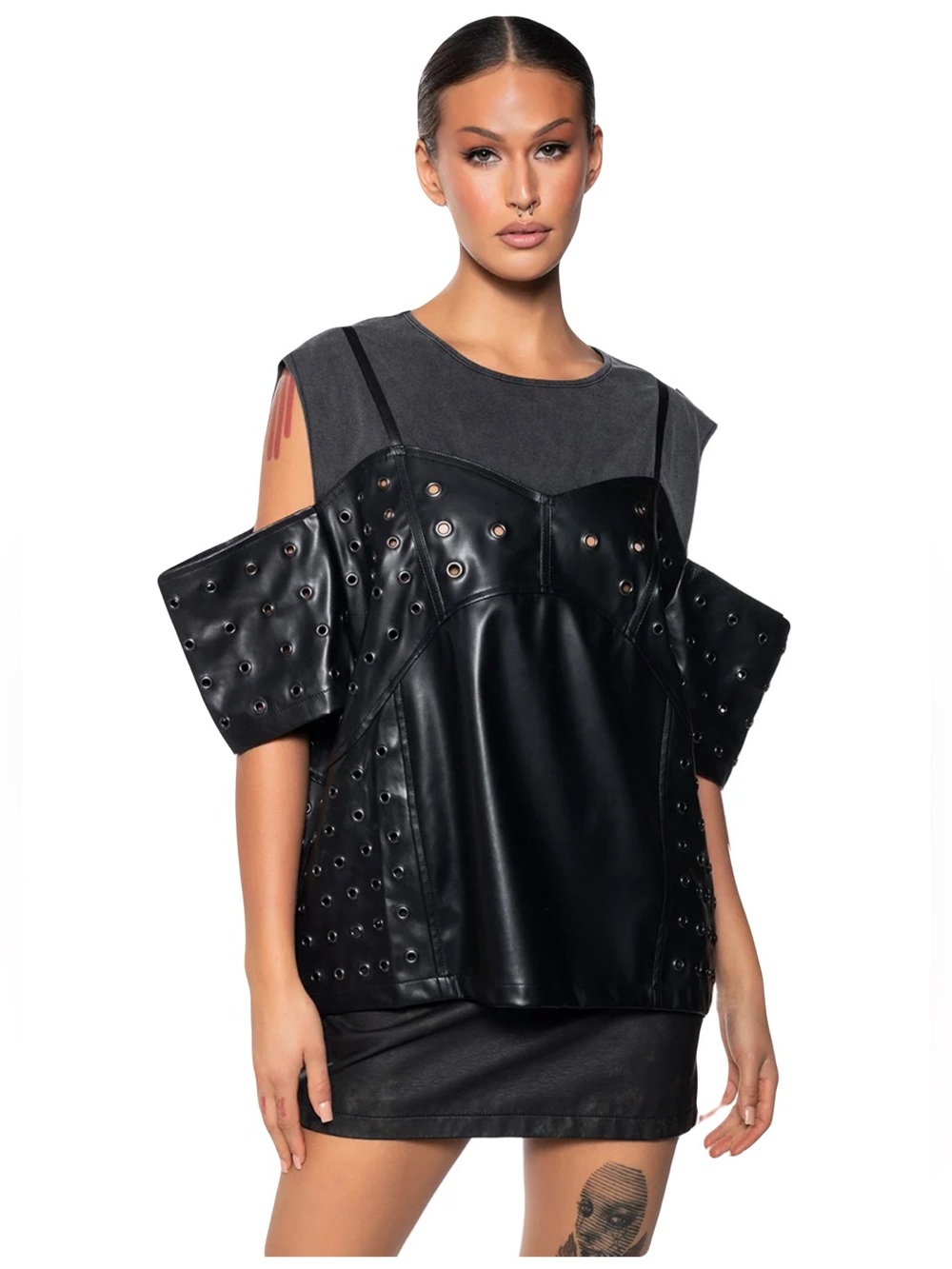 NWT AKIRA Noah Faux Leather Cold Shoulder  T Shirt Top Small Black
